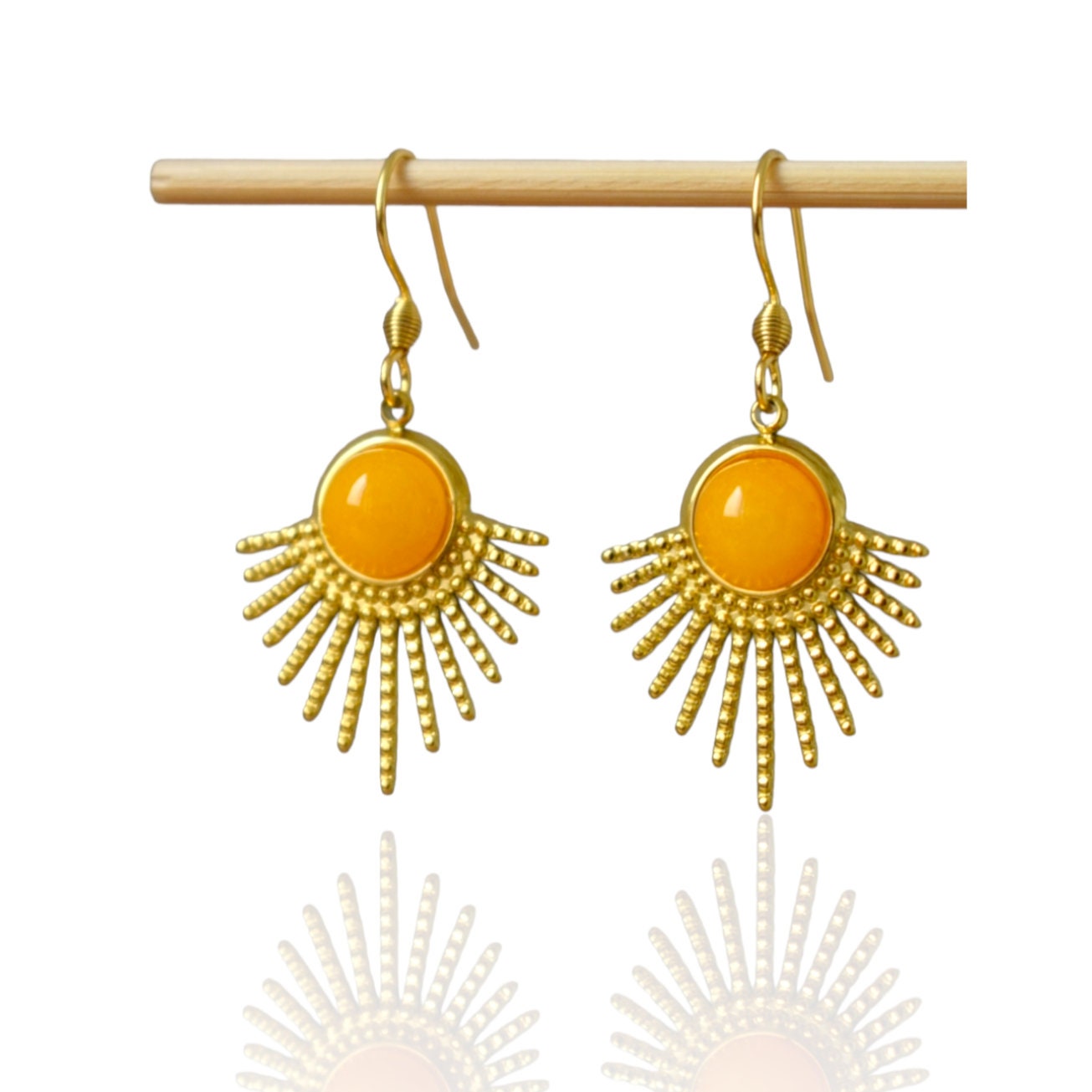 Tiger eye earrings gold, Sun rays dangle earrings, Sunburst, Brown gold gemstone, 18k gold plated stainless steel, Celestial jewelry