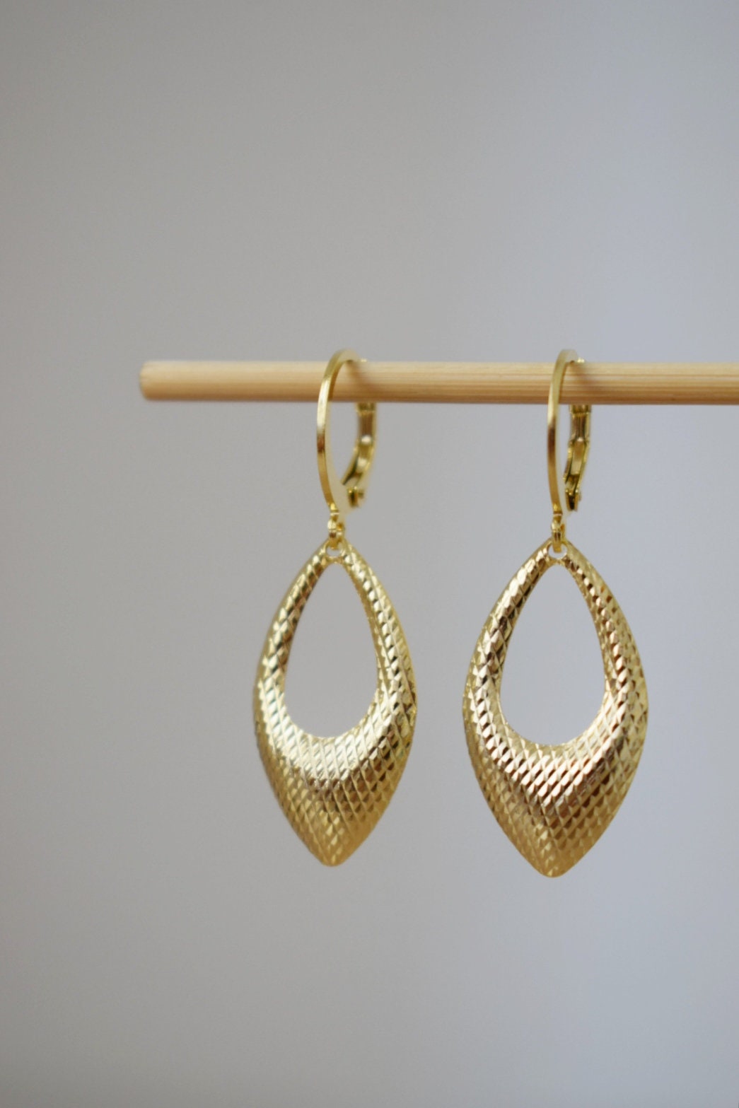 Golden pendant teardrop earrings, Hop earrings, Geometric hanging dangle and drop gold earrings, Birthday small jewelry gifts for women