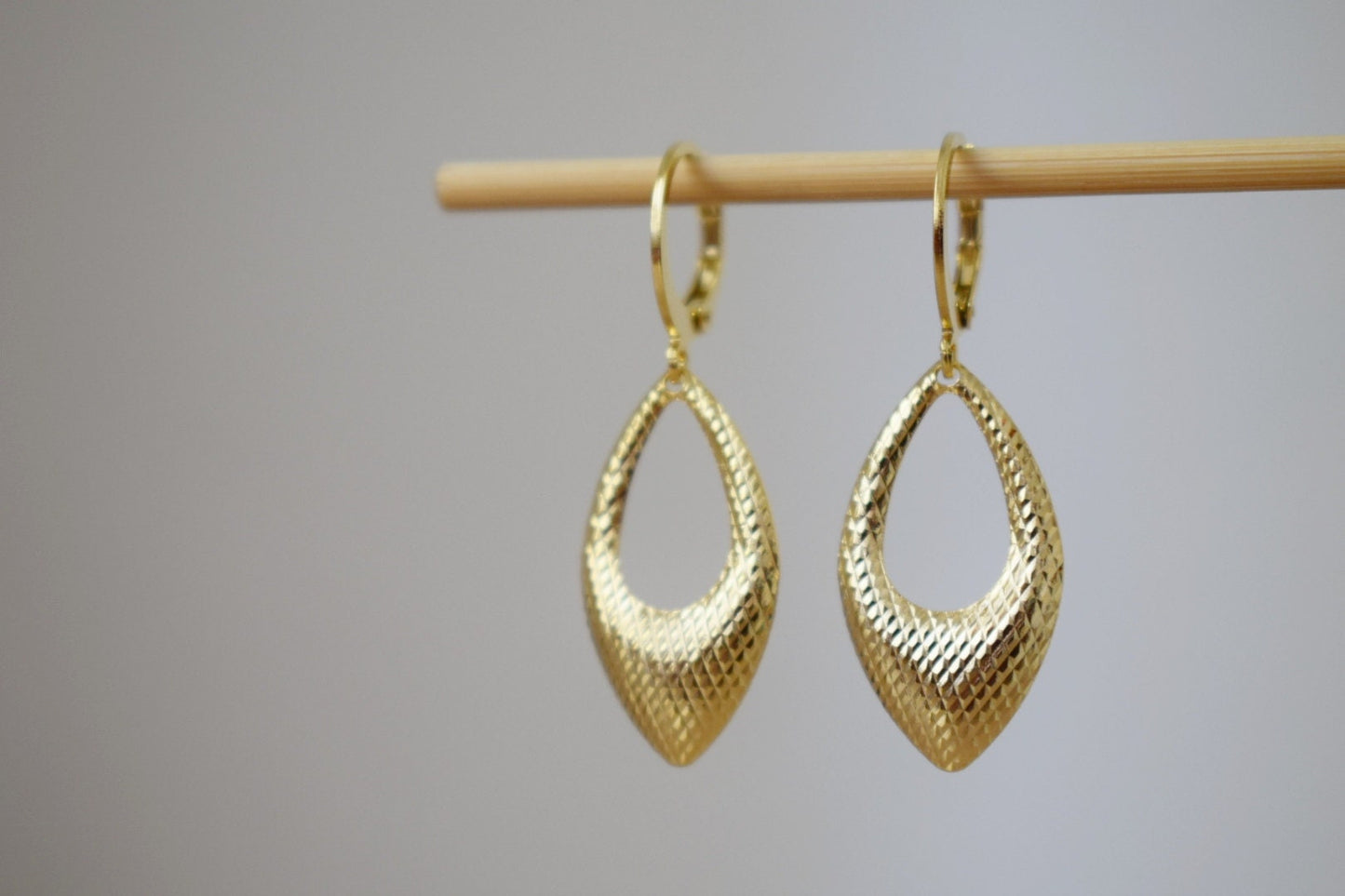 Golden pendant teardrop earrings, Hop earrings, Geometric hanging dangle and drop gold earrings, Birthday small jewelry gifts for women