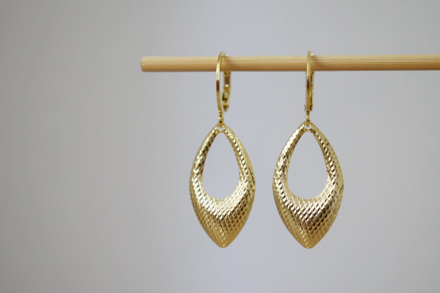 Golden pendant teardrop earrings, Hop earrings, Geometric hanging dangle and drop gold earrings, Birthday small jewelry gifts for women