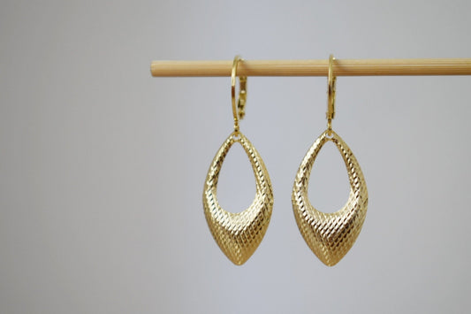 Golden pendant teardrop earrings, Hop earrings, Geometric hanging dangle and drop gold earrings, Birthday small jewelry gifts for women