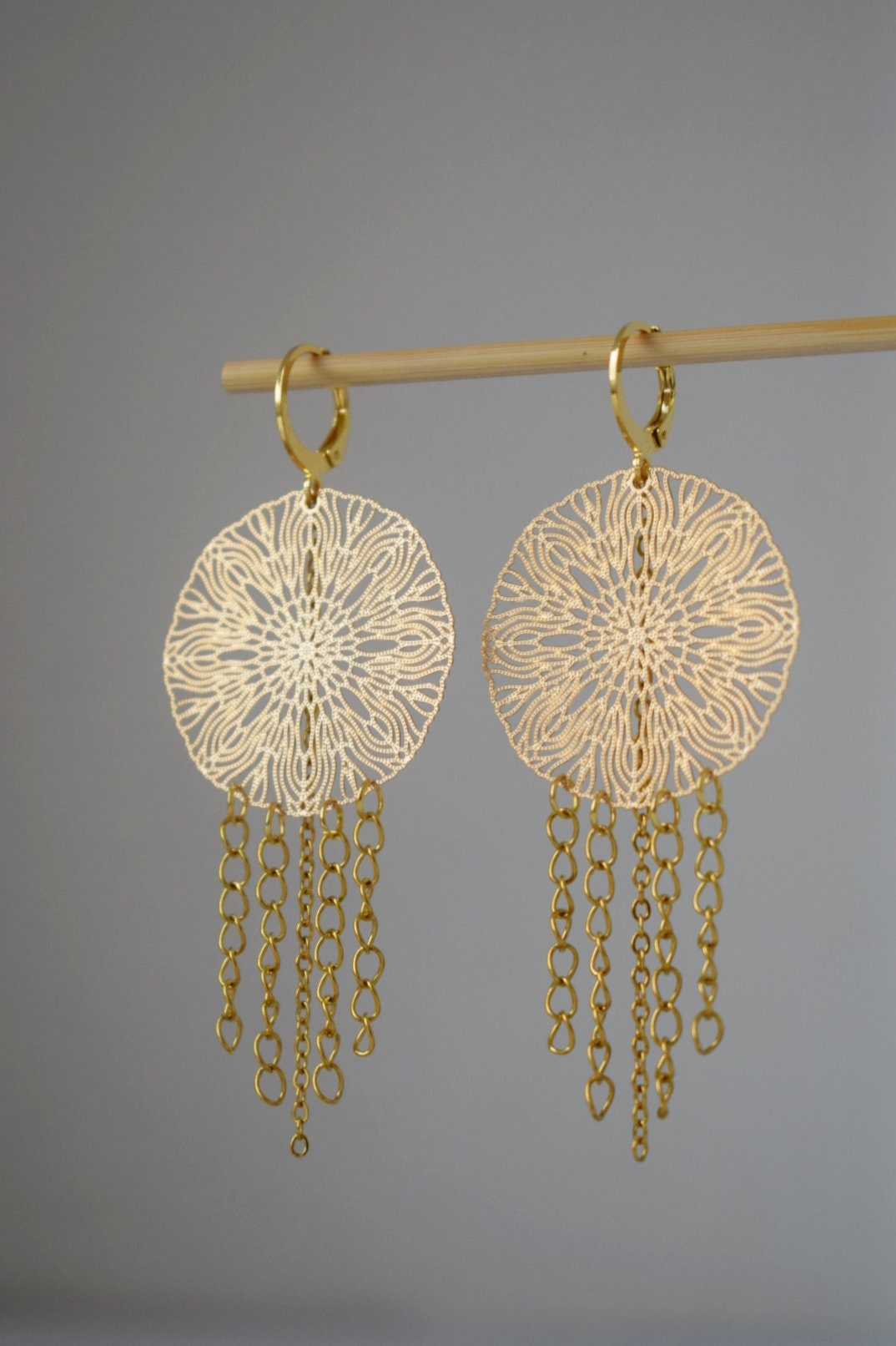 Ornament earrings for women, Mandala golden huggies, Stainless steel chain earrings, Long Boho filigree earrings, Mandala jewelry gift her