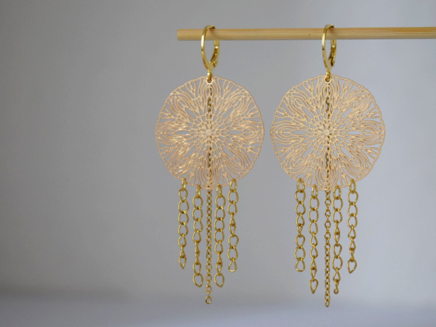 Ornament earrings for women, Mandala golden huggies, Stainless steel chain earrings, Long Boho filigree earrings, Mandala jewelry gift her