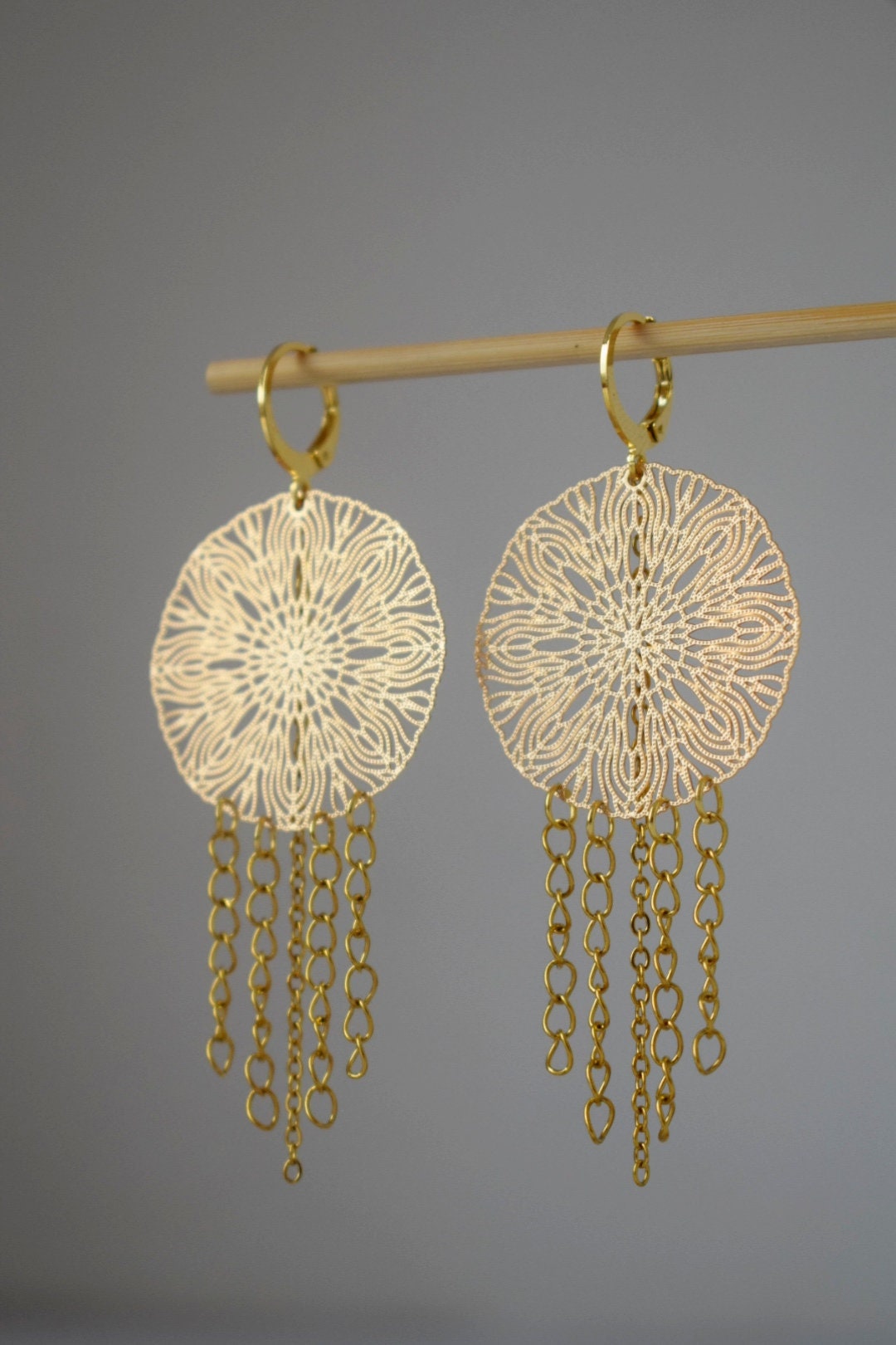 Ornament earrings for women, Mandala golden huggies, Stainless steel chain earrings, Long Boho filigree earrings, Mandala jewelry gift her