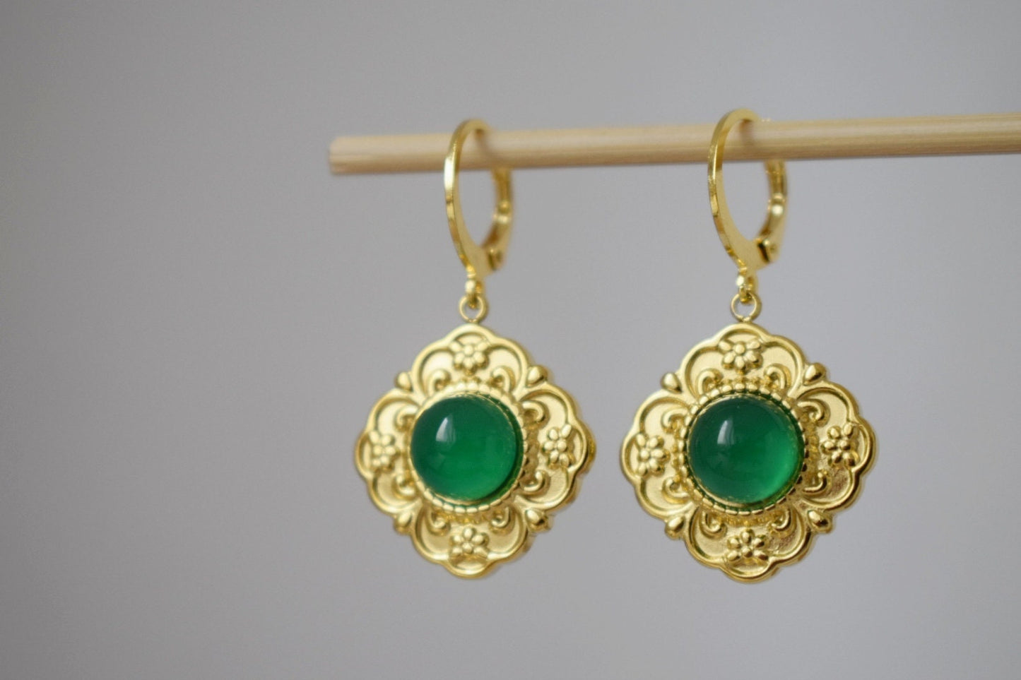 Ornament green agate earrings, Flower dangling earrings, Gemstone huggie hoops, Natural stone, Handmade jewelry gift for her