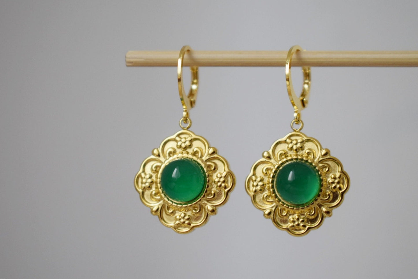 Ornament green agate earrings, Flower dangling earrings, Gemstone huggie hoops, Natural stone, Handmade jewelry gift for her