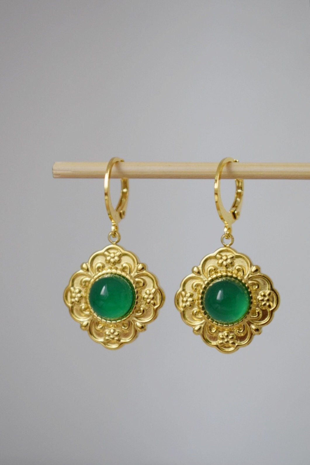 Ornament green agate earrings, Flower dangling earrings, Gemstone huggie hoops, Natural stone, Handmade jewelry gift for her