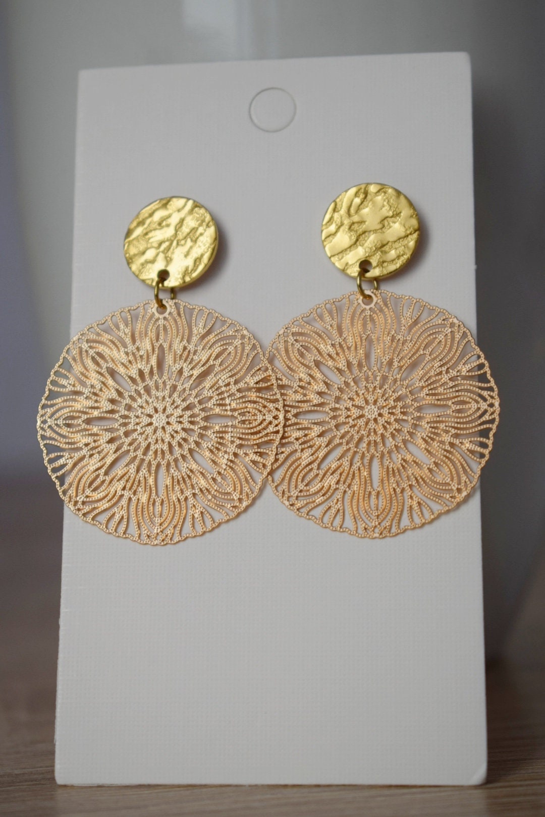 Ornament earrings for women, Mandala studs, Round filigree studs, Boho chic earrings, Lightweight jewelry,  Hanging studs, Gift for her