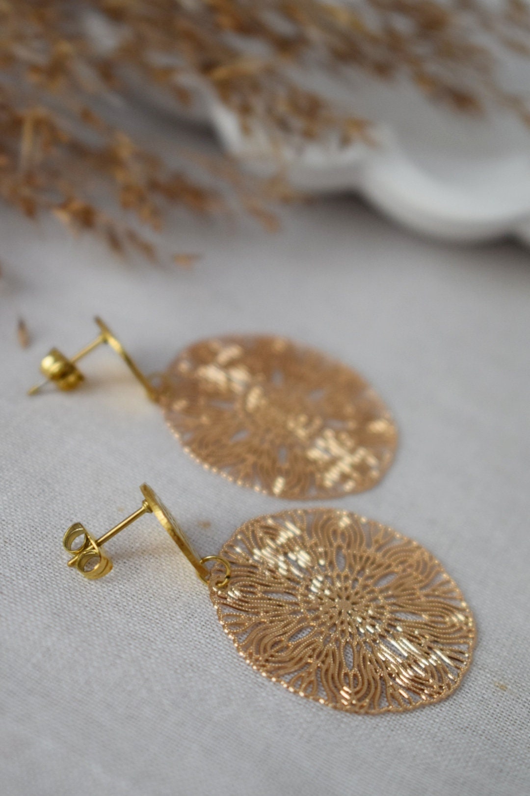 Ornament earrings for women, Mandala studs, Round filigree studs, Boho chic earrings, Lightweight jewelry,  Hanging studs, Gift for her