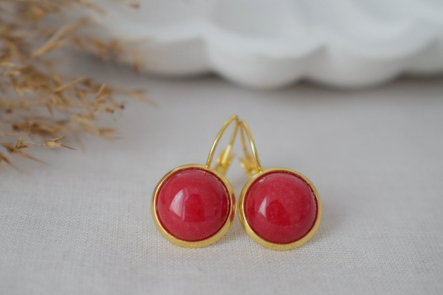 Red Jade Earrings Gold, 12mm Gemstone Dangle Earrings, Stone Hanging Earrings, Red Stone Lever Back Earrings, Jade Jewelry, Gift For Her