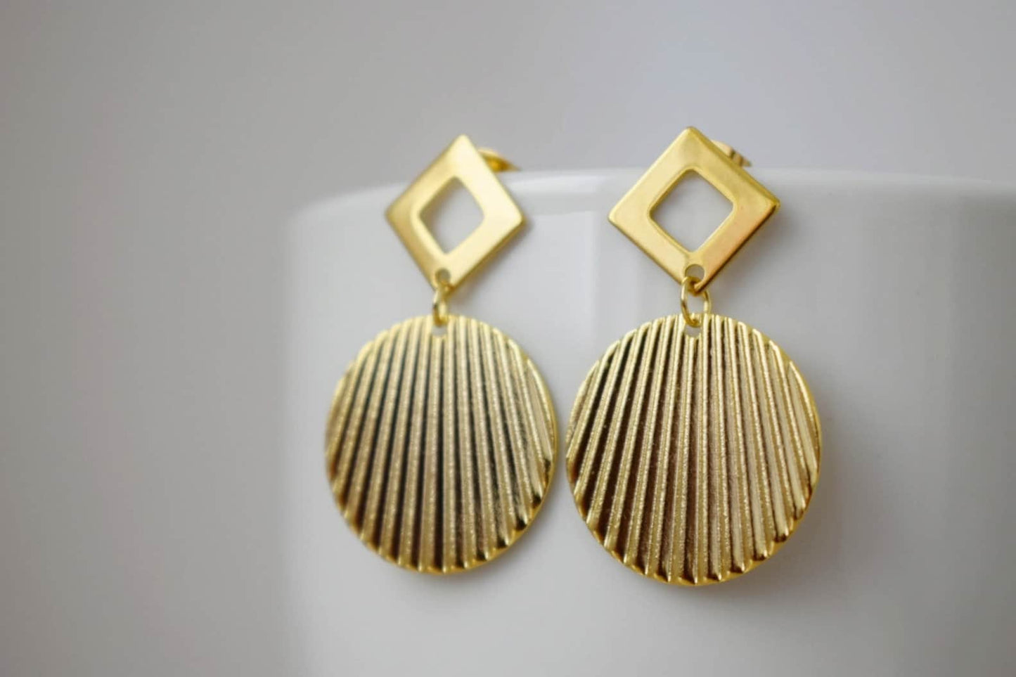 Circle stud earrings, Rhombus stud earrings, 24k Gold plated statement earrings, Diamond shape, Corrugated, Disc, Plate, Round, Jewelry gift