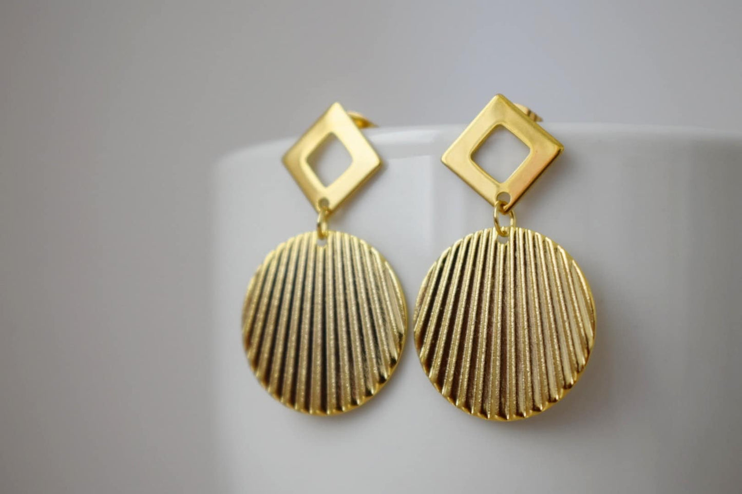 Circle stud earrings, Rhombus stud earrings, 24k Gold plated statement earrings, Diamond shape, Corrugated, Disc, Plate, Round, Jewelry gift