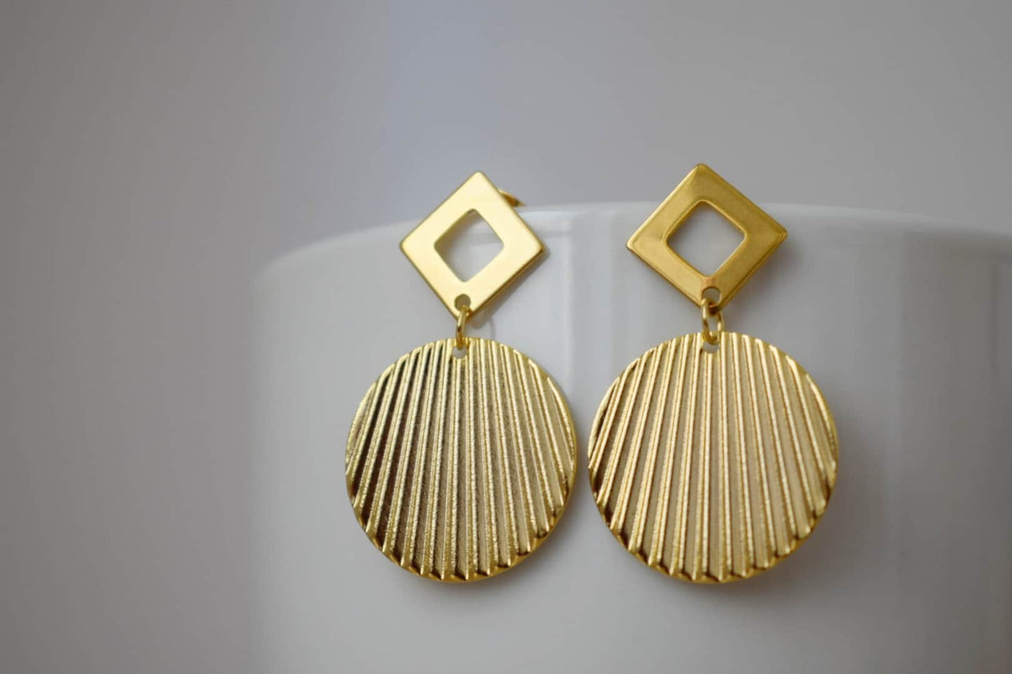 Circle stud earrings, Rhombus stud earrings, 24k Gold plated statement earrings, Diamond shape, Corrugated, Disc, Plate, Round, Jewelry gift