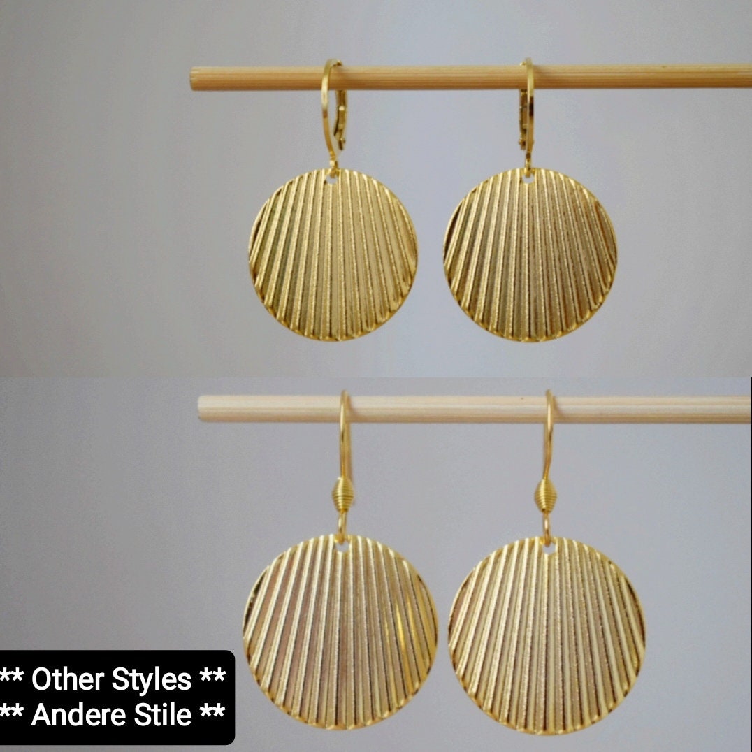 Boho golden earrings, Statement disc dangle earrings, Round corrugated plate pendant, Circle earrings, Unique jewelry gift for her