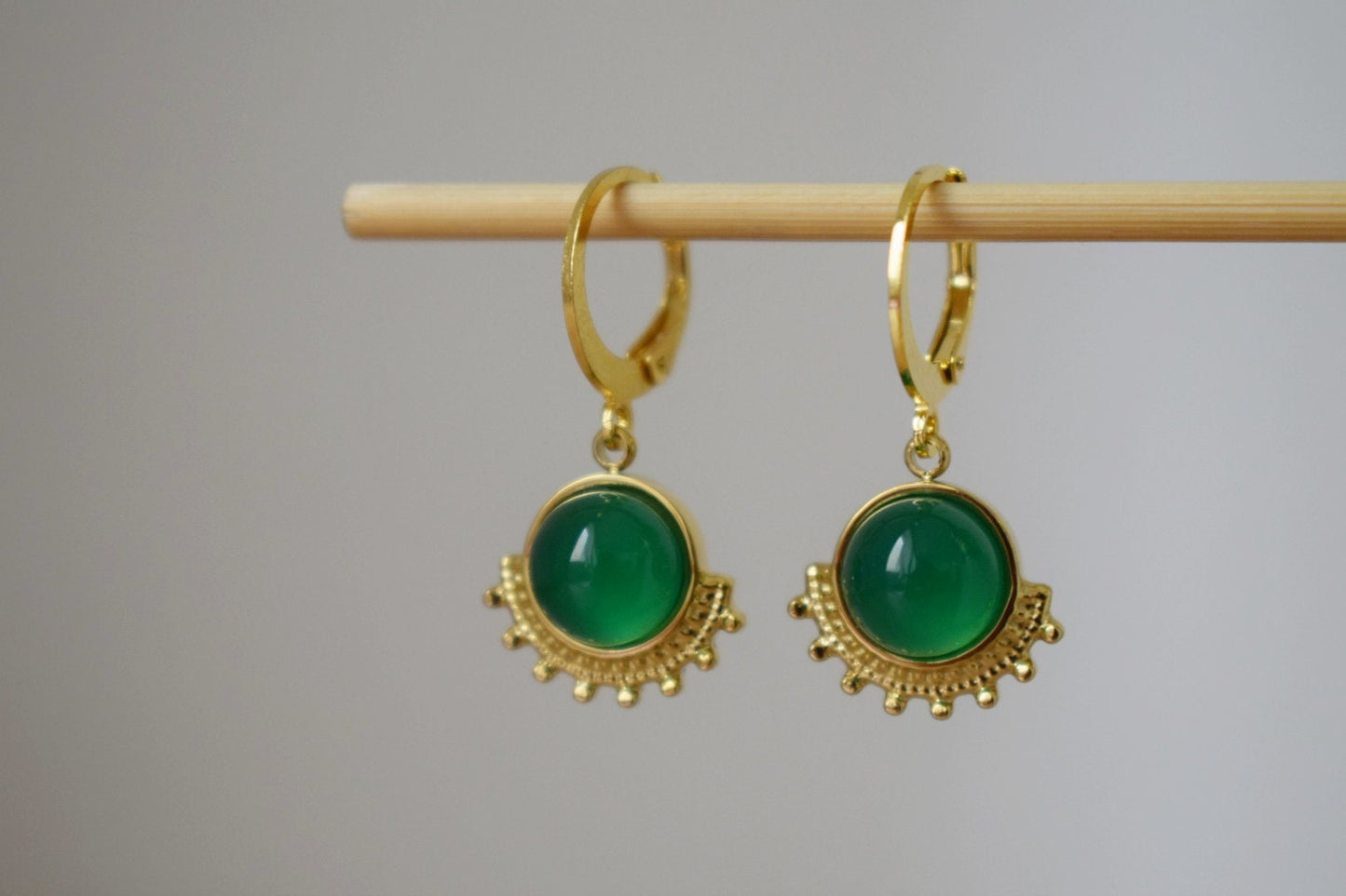 Green agate earrings, Ornament dangling earrings, Gemstone huggie hoops, Art nouveau jewelry, Unique earrings, Mother's day gift for her