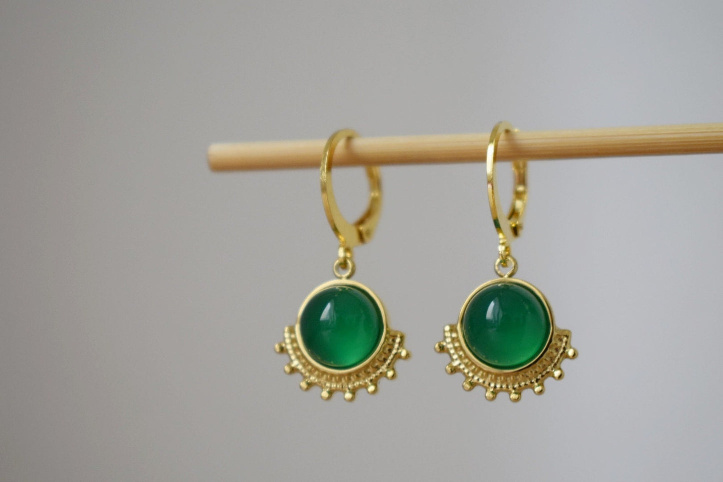 Green agate earrings, Ornament dangling earrings, Gemstone huggie hoops, Art nouveau jewelry, Unique earrings, Mother's day gift for her