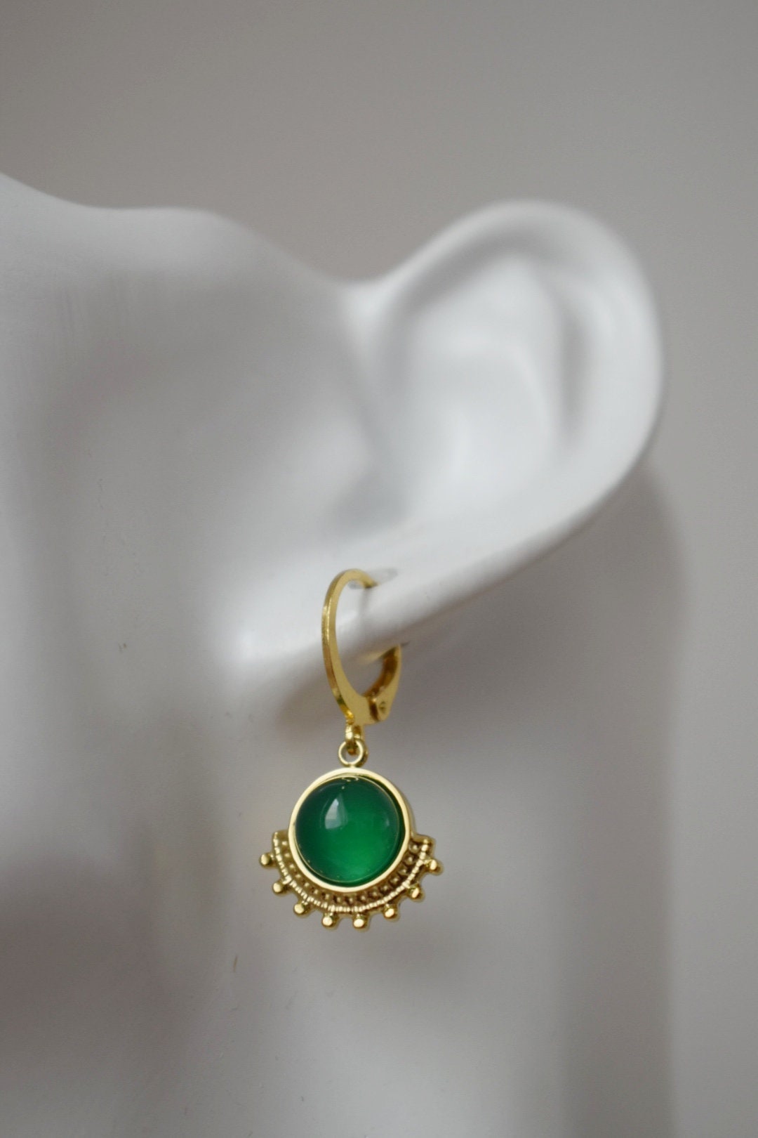 Green agate earrings, Ornament dangling earrings, Gemstone huggie hoops, Art nouveau jewelry, Unique earrings, Mother's day gift for her