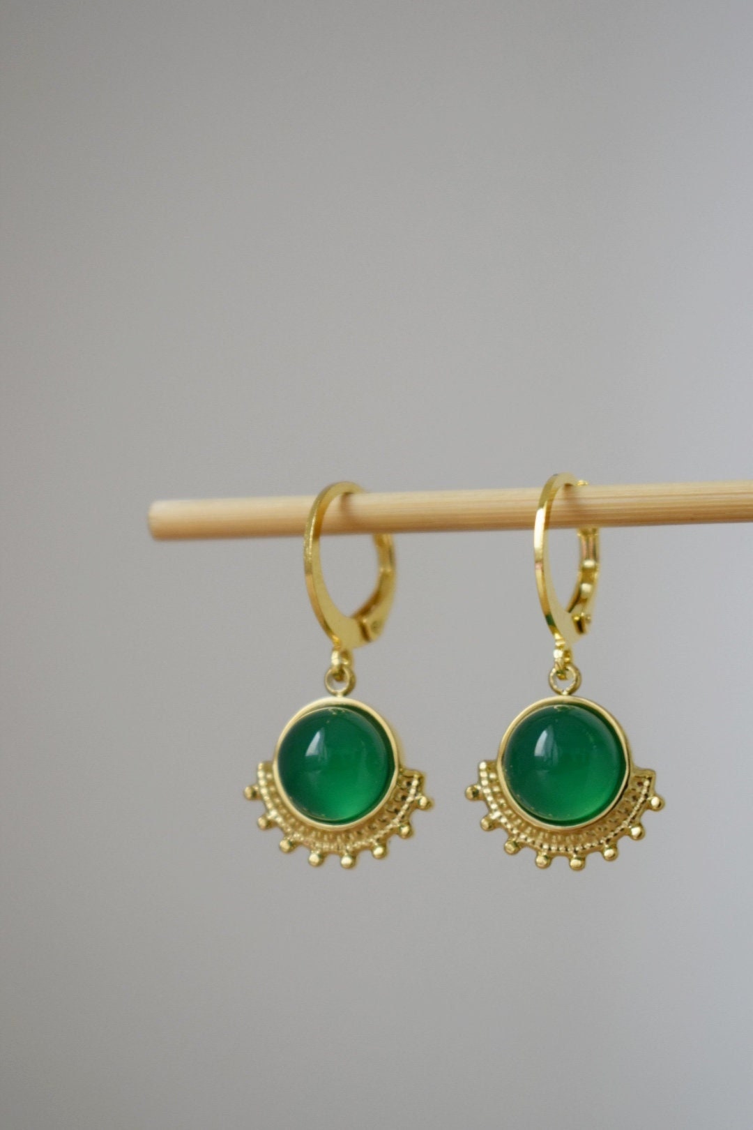 Green agate earrings, Ornament dangling earrings, Gemstone huggie hoops, Art nouveau jewelry, Unique earrings, Mother's day gift for her