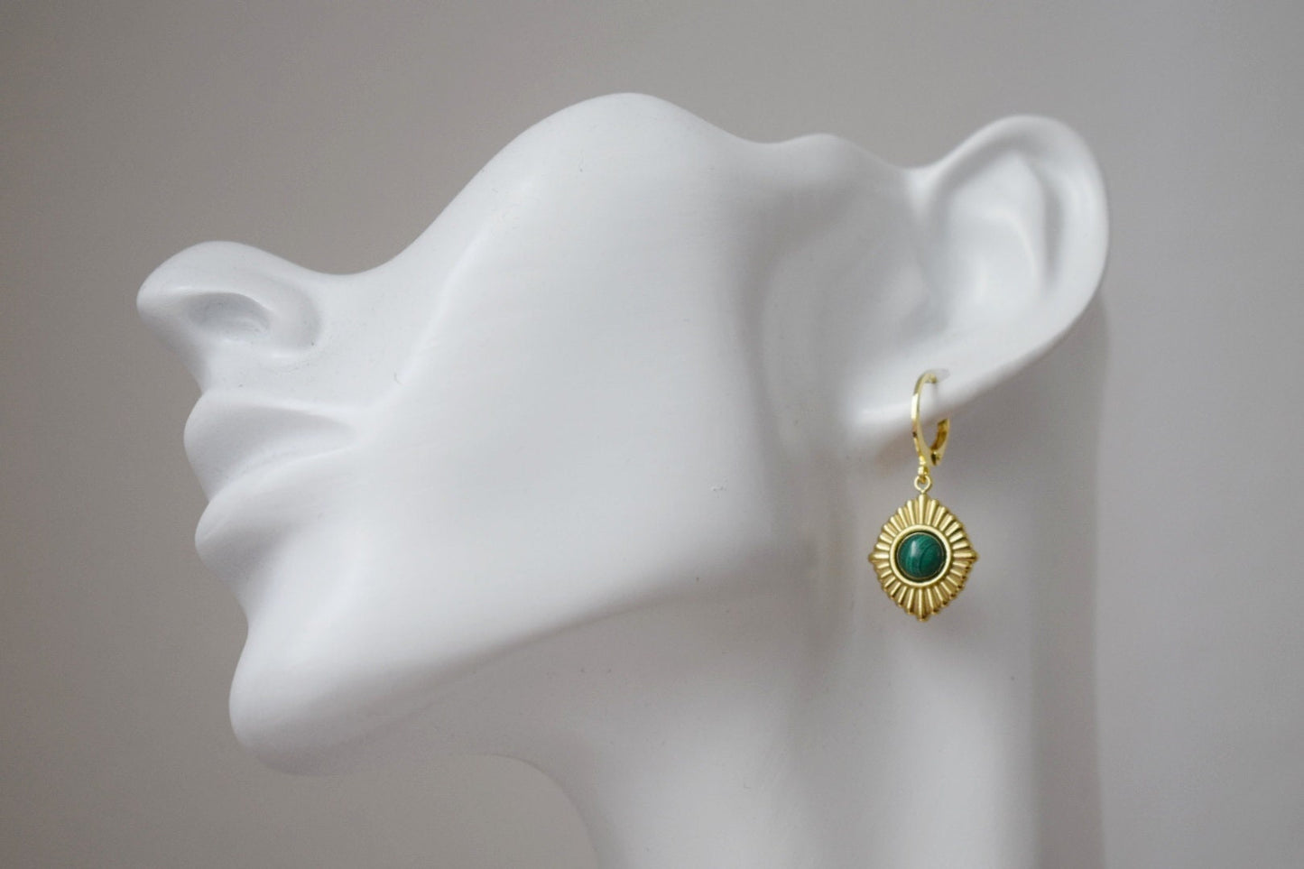 Malachite earrings, Ornament dangling earrings, Gemstone huggie hoops, Green natural stone, Art deco jewelry, Unique gift for her
