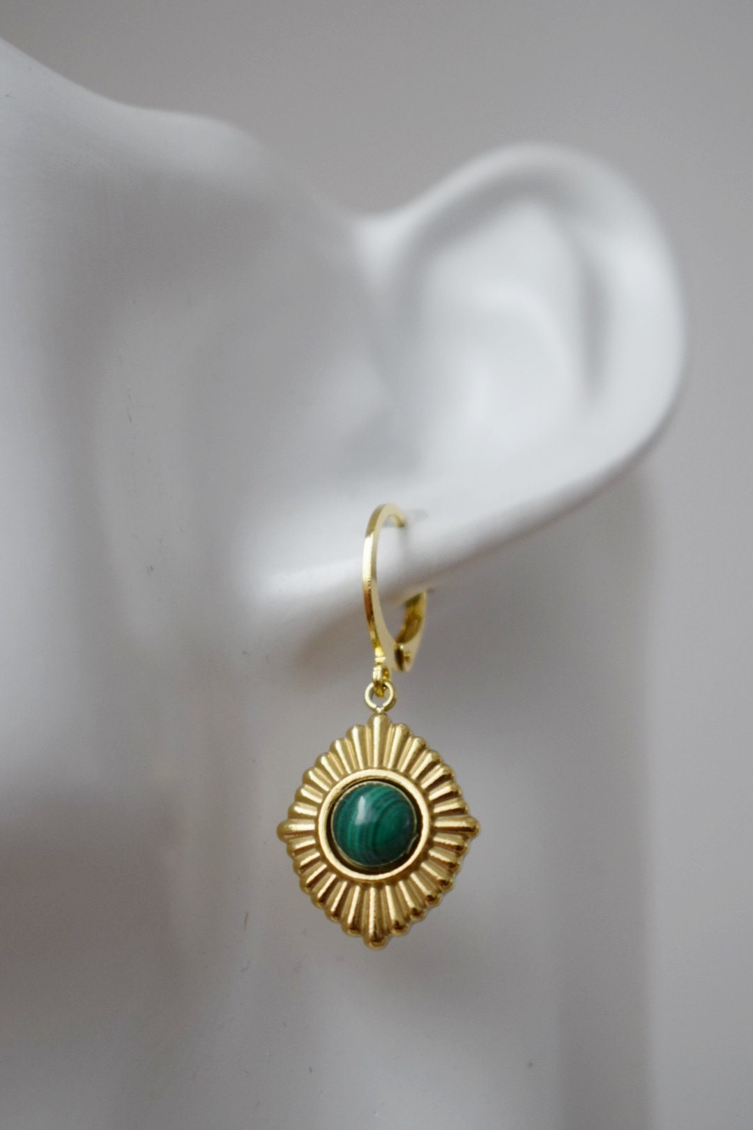 Malachite earrings, Ornament dangling earrings, Gemstone huggie hoops, Green natural stone, Art deco jewelry, Unique gift for her