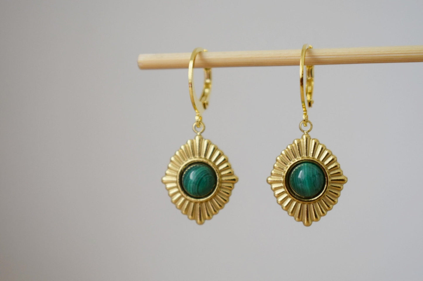 Malachite earrings, Ornament dangling earrings, Gemstone huggie hoops, Green natural stone, Art deco jewelry, Unique gift for her