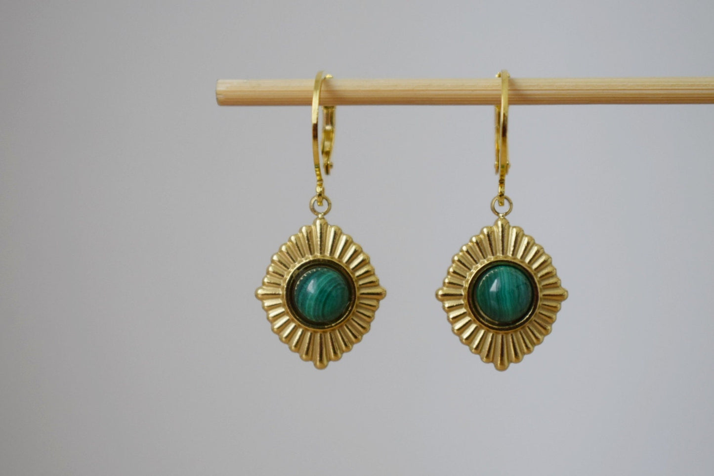 Malachite earrings, Ornament dangling earrings, Gemstone huggie hoops, Green natural stone, Art deco jewelry, Unique gift for her