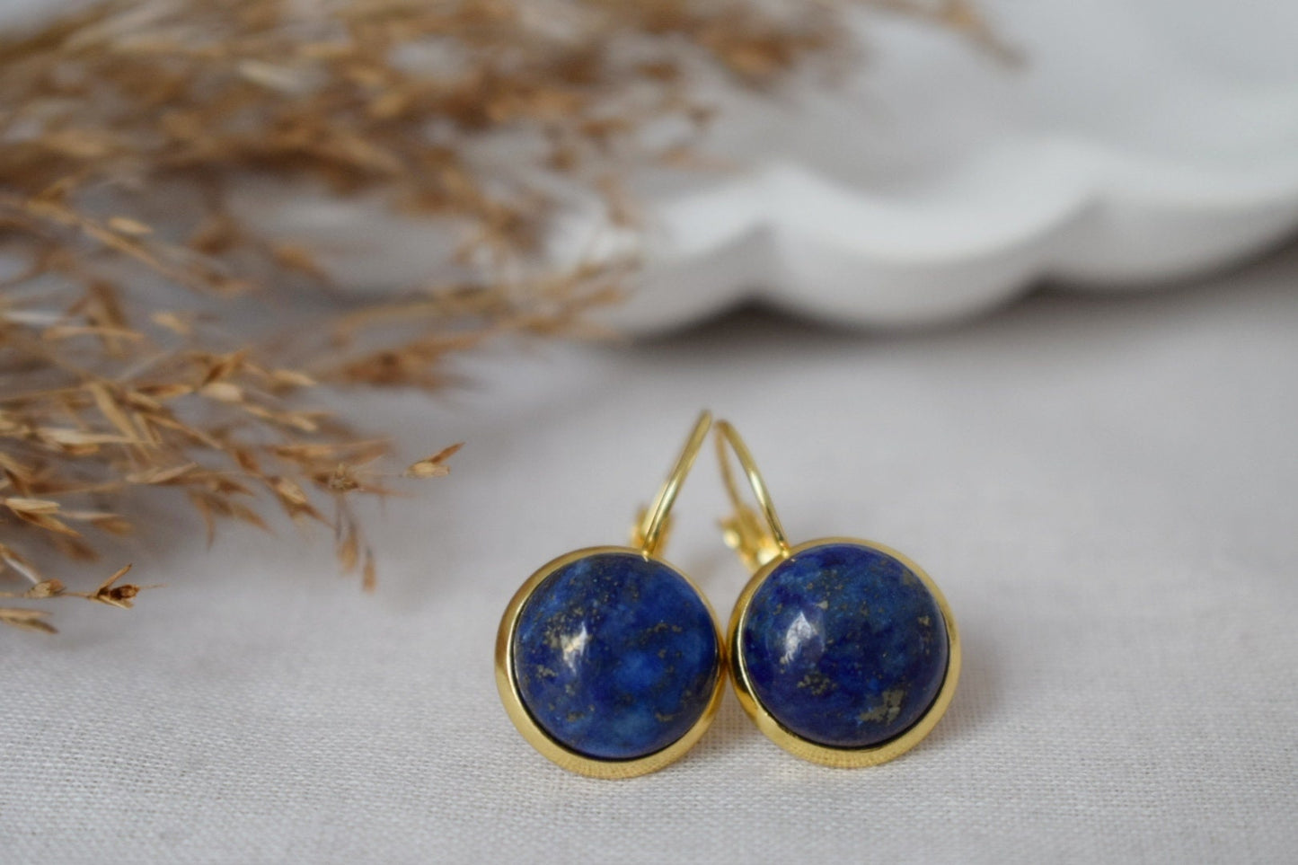 Lapis Lazuli Gold Earrings Dangle, Blue Lapis Earrings, Lever back earrings, Round, 12mm, September Birthstone Jewelry, Lapis, Gift for her