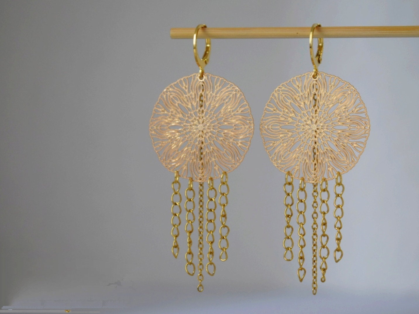 Ornament earrings for women, Mandala golden huggies, Stainless steel chain earrings, Long Boho filigree earrings, Mandala jewelry gift her