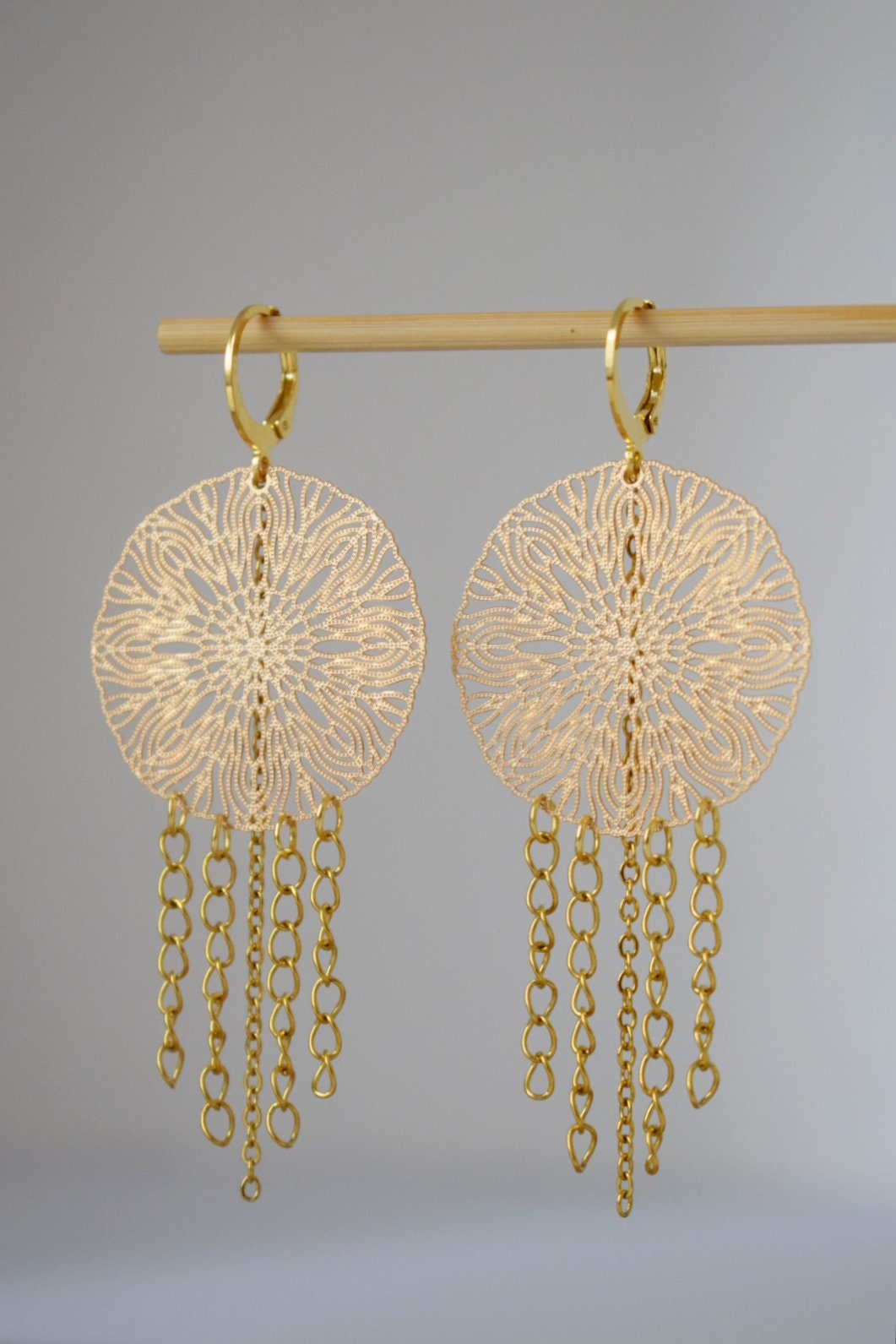 Ornament earrings for women, Mandala golden huggies, Stainless steel chain earrings, Long Boho filigree earrings, Mandala jewelry gift her