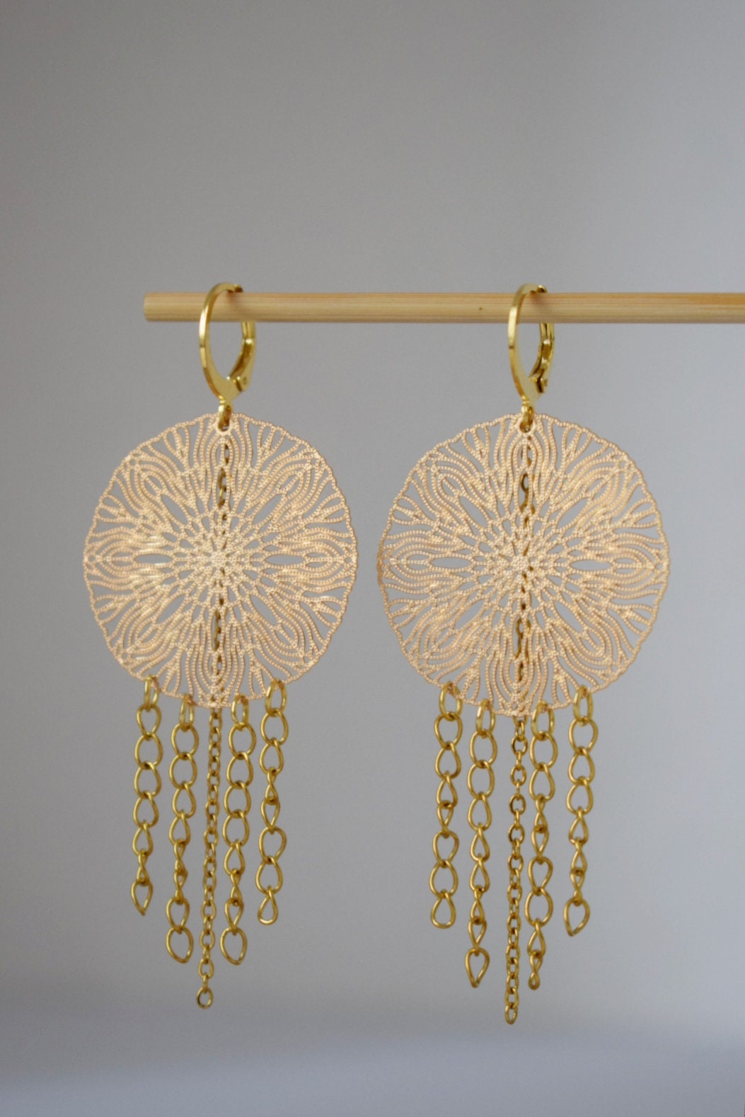 Ornament earrings for women, Mandala golden huggies, Stainless steel chain earrings, Long Boho filigree earrings, Mandala jewelry gift her