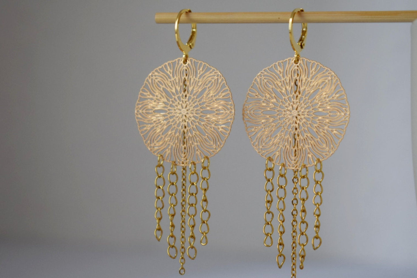 Ornament earrings for women, Mandala golden huggies, Stainless steel chain earrings, Long Boho filigree earrings, Mandala jewelry gift her