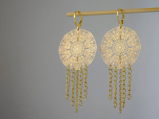 Ornament earrings for women, Mandala golden huggies, Stainless steel chain earrings, Long Boho filigree earrings, Mandala jewelry gift her