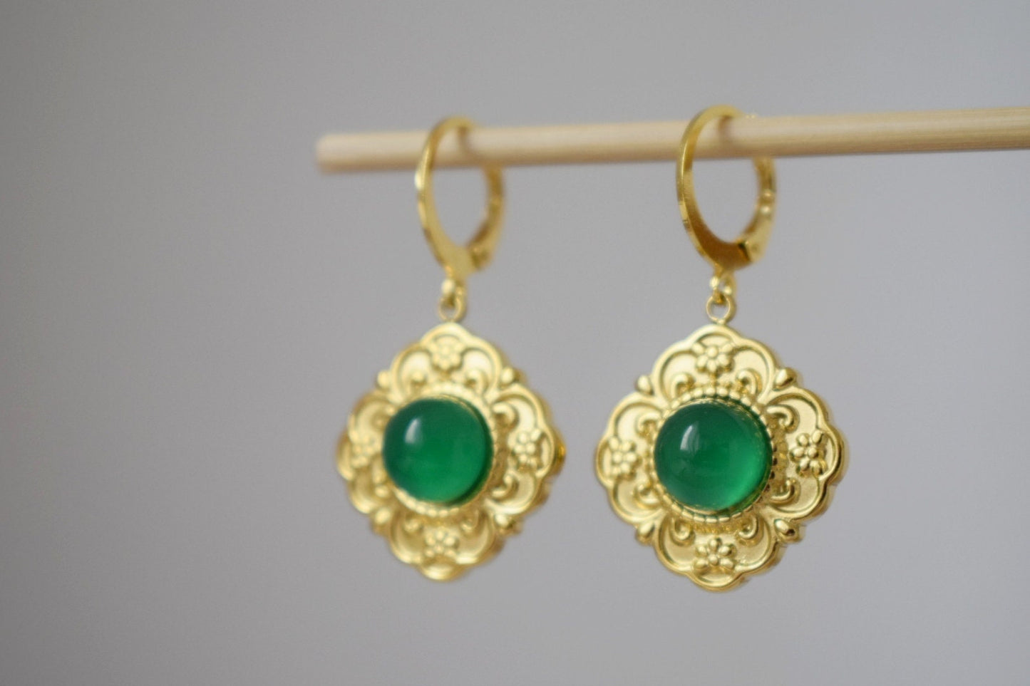 Ornament green agate earrings, Flower dangling earrings, Gemstone huggie hoops, Natural stone, Handmade jewelry gift for her