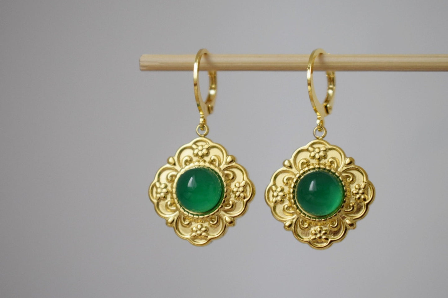 Ornament green agate earrings, Flower dangling earrings, Gemstone huggie hoops, Natural stone, Handmade jewelry gift for her