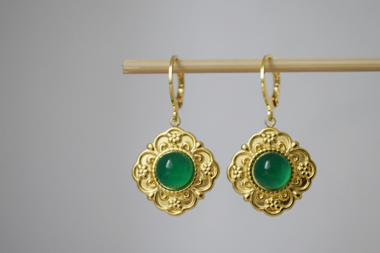 Ornament green agate earrings, Flower dangling earrings, Gemstone huggie hoops, Natural stone, Handmade jewelry gift for her