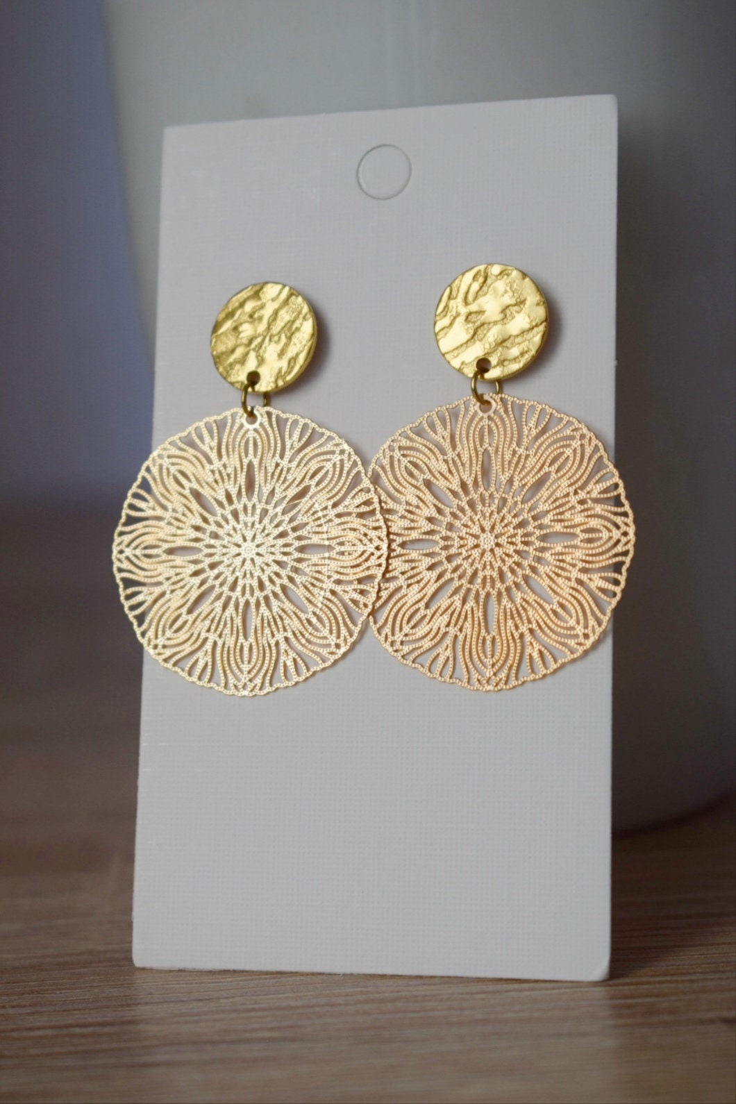 Ornament earrings for women, Mandala studs, Round filigree studs, Boho chic earrings, Lightweight jewelry,  Hanging studs, Gift for her