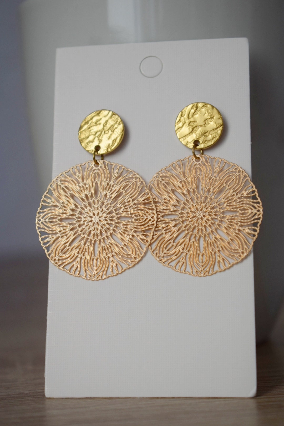 Ornament earrings for women, Mandala studs, Round filigree studs, Boho chic earrings, Lightweight jewelry,  Hanging studs, Gift for her