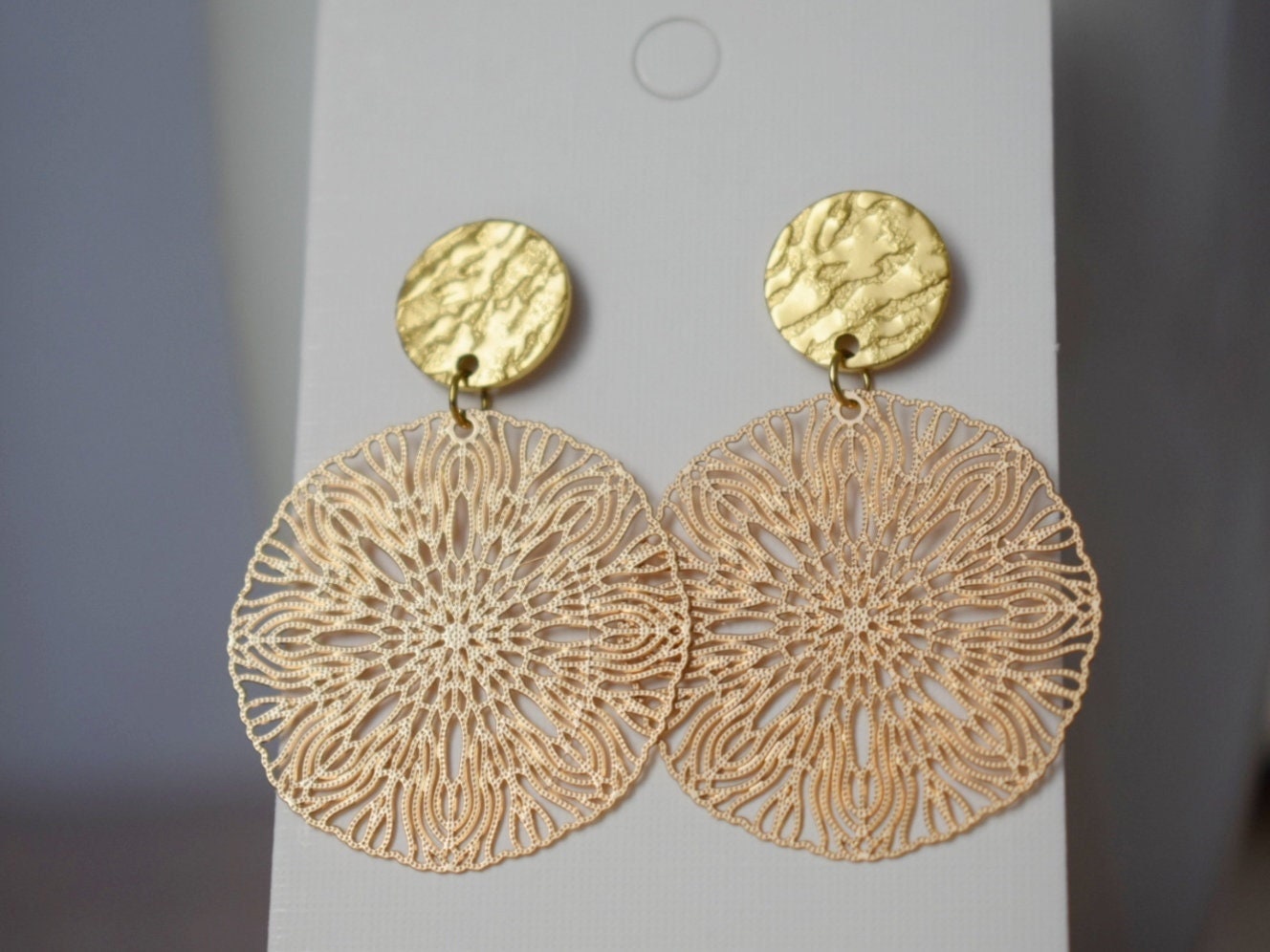 Ornament earrings for women, Mandala studs, Round filigree studs, Boho chic earrings, Lightweight jewelry,  Hanging studs, Gift for her