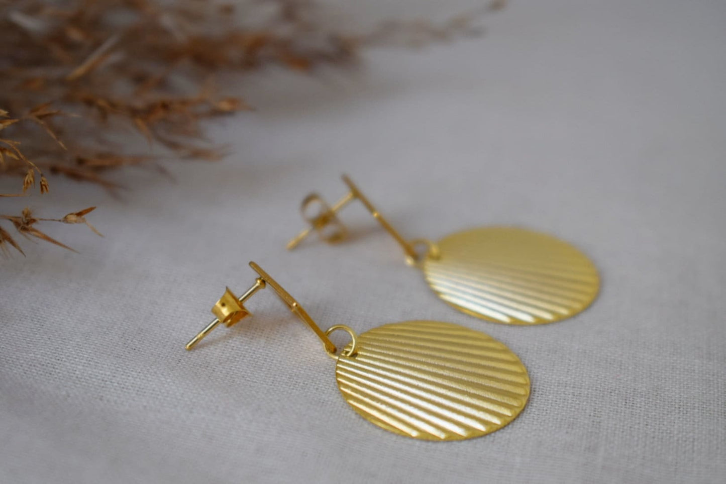 Circle stud earrings, Rhombus stud earrings, 24k Gold plated statement earrings, Diamond shape, Corrugated, Disc, Plate, Round, Jewelry gift