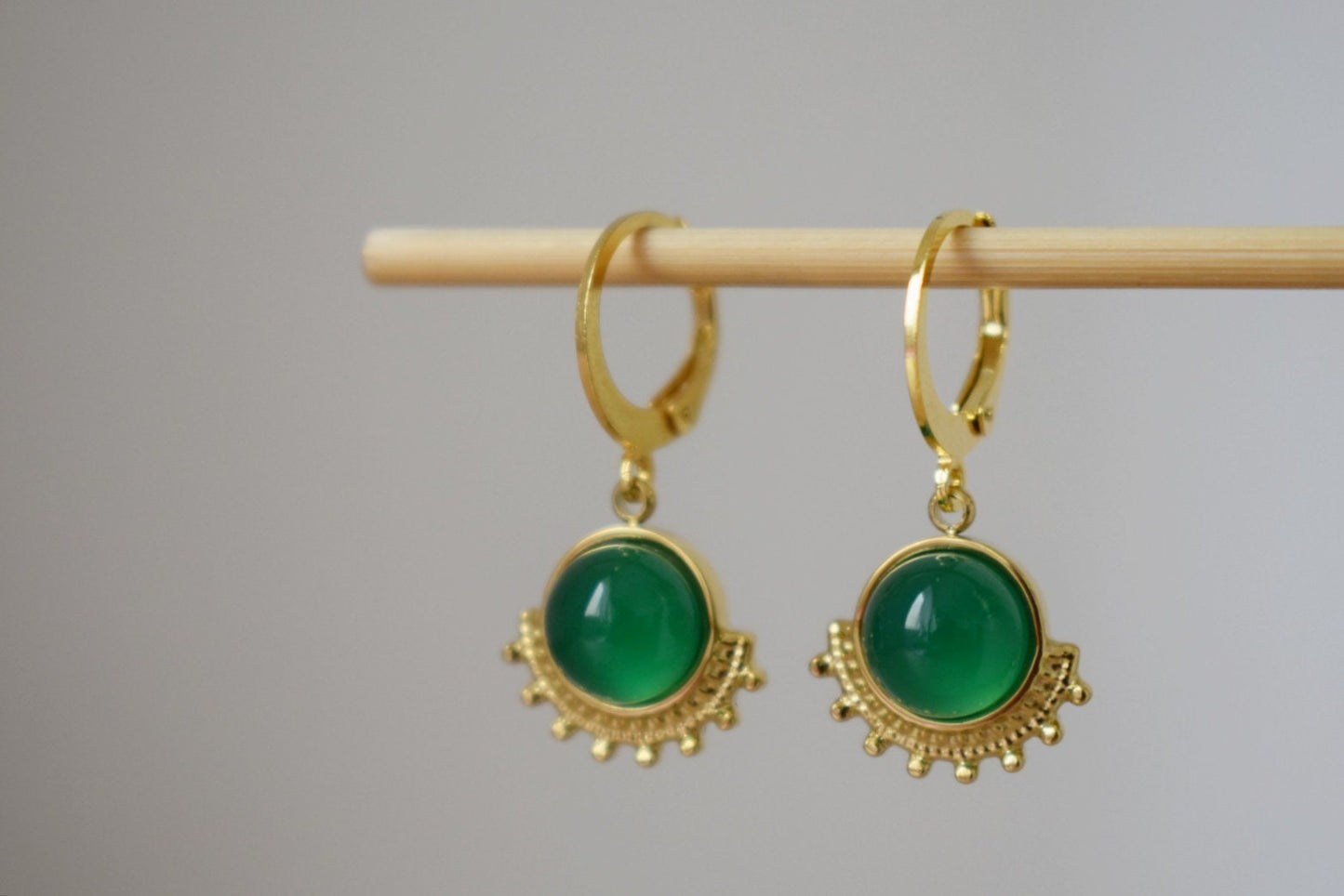 Green agate earrings, Ornament dangling earrings, Gemstone huggie hoops, Art nouveau jewelry, Unique earrings, Mother's day gift for her