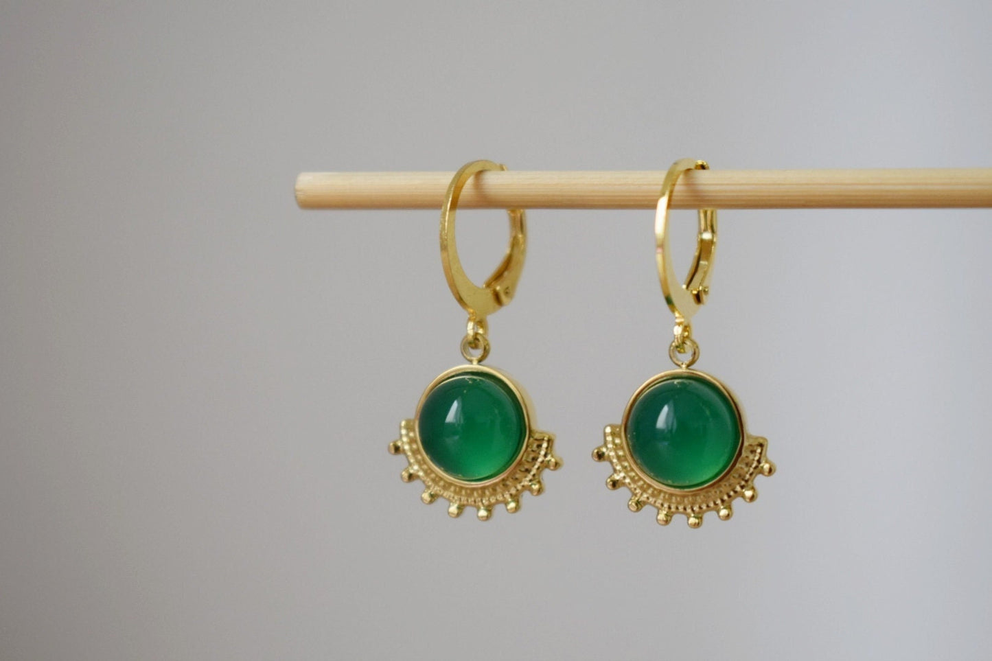 Green agate earrings, Ornament dangling earrings, Gemstone huggie hoops, Art nouveau jewelry, Unique earrings, Mother's day gift for her