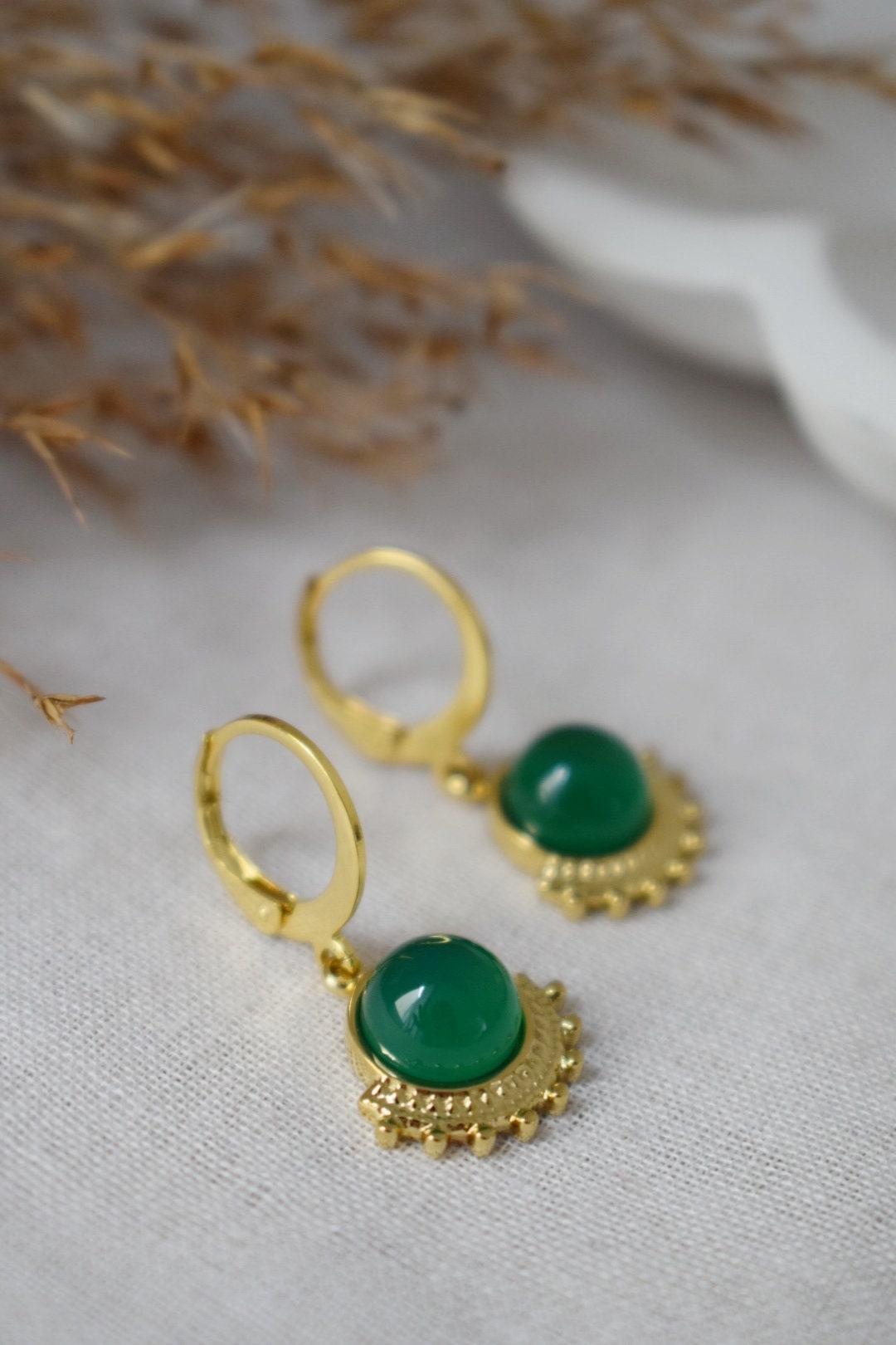 Green agate earrings, Ornament dangling earrings, Gemstone huggie hoops, Art nouveau jewelry, Unique earrings, Mother's day gift for her
