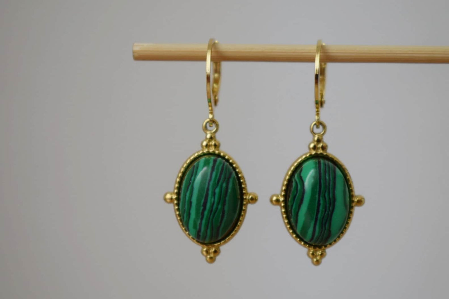 Ornament Malachite Huggie Earrings, Green gemstone dangle earrings, Boho chic hoop earrings, Unique jewelry gift for her, Christmas gift