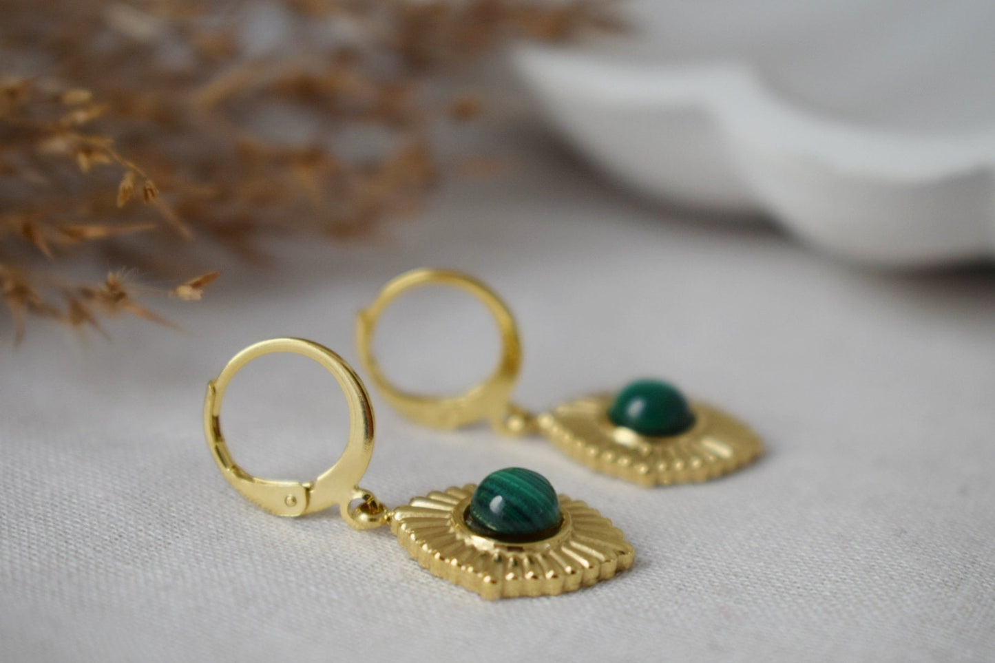 Malachite earrings, Ornament dangling earrings, Gemstone huggie hoops, Green natural stone, Art deco jewelry, Unique gift for her