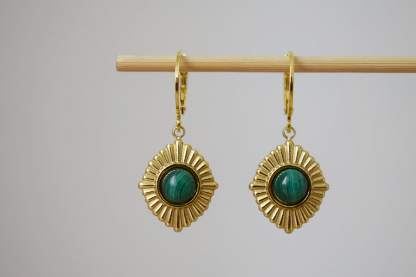 Malachite earrings, Ornament dangling earrings, Gemstone huggie hoops, Green natural stone, Art deco jewelry, Unique gift for her