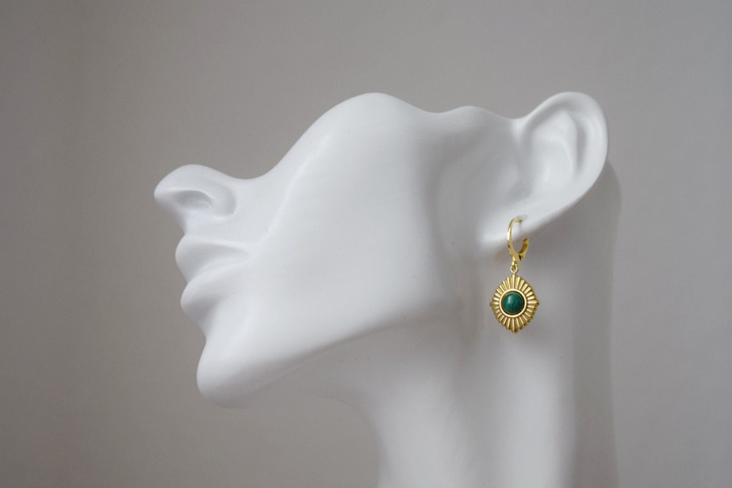 Malachite earrings, Ornament dangling earrings, Gemstone huggie hoops, Green natural stone, Art deco jewelry, Unique gift for her