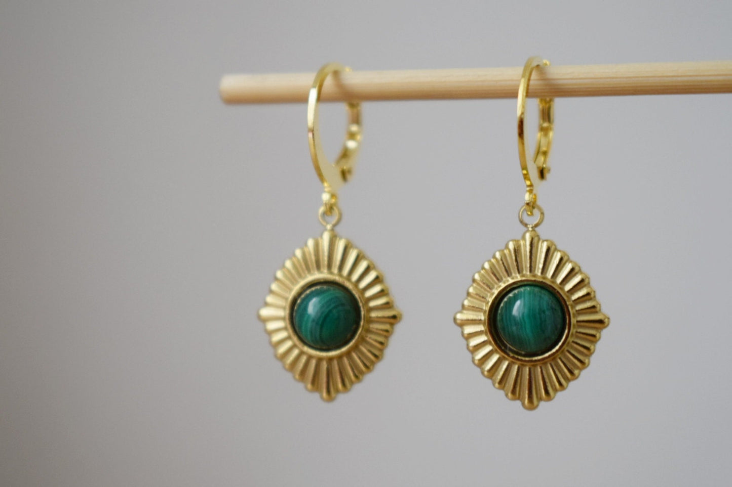 Malachite earrings, Ornament dangling earrings, Gemstone huggie hoops, Green natural stone, Art deco jewelry, Unique gift for her