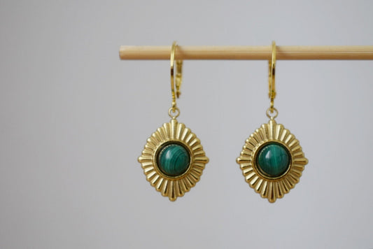 Malachite earrings, Ornament dangling earrings, Gemstone huggie hoops, Green natural stone, Art deco jewelry, Unique gift for her