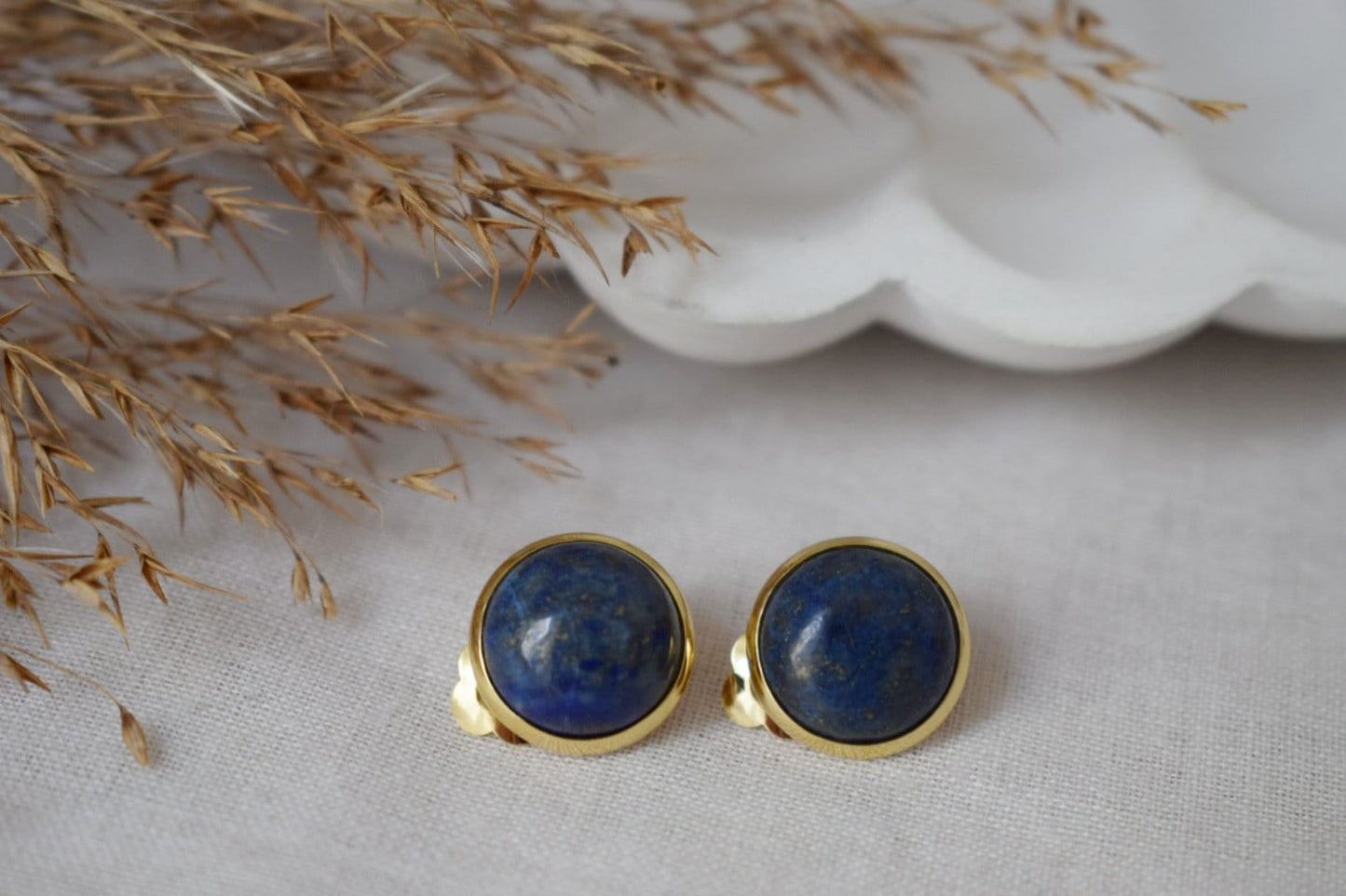Gold plated clip on earrings lapis lazuli, Clip on earrings blue gemstone, Stainless steel, Round ear clips for women, Non pierced earrings