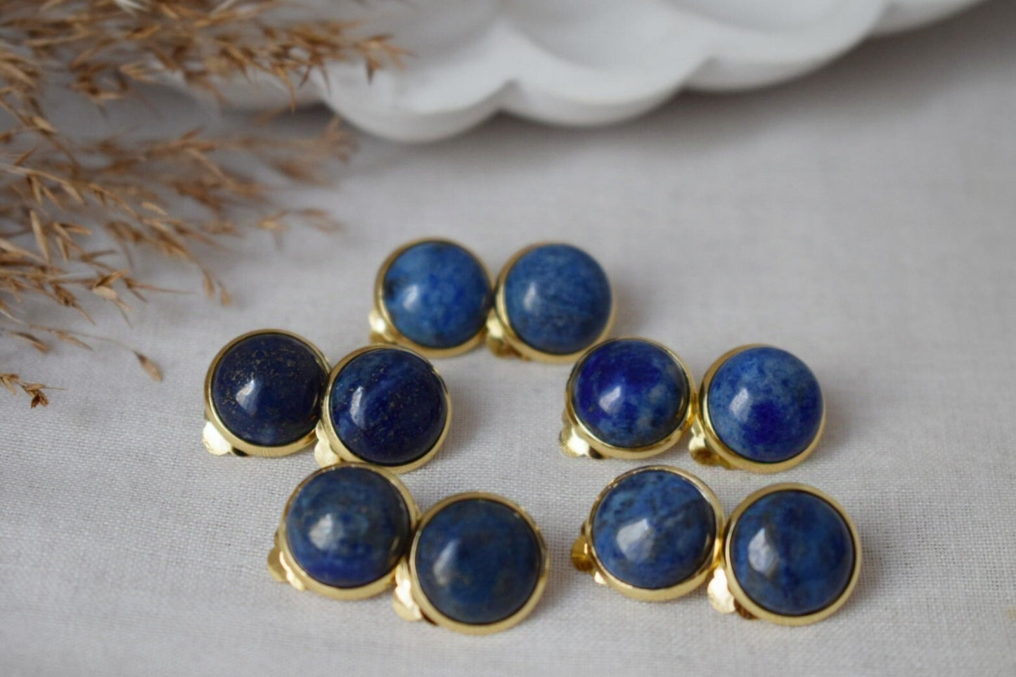 Gold plated clip on earrings lapis lazuli, Clip on earrings blue gemstone, Stainless steel, Round ear clips for women, Non pierced earrings